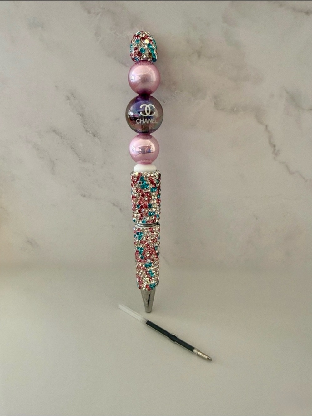 💗✨ Multicolor Rhinestone Pen with Pink & Chanel Inspired Bead